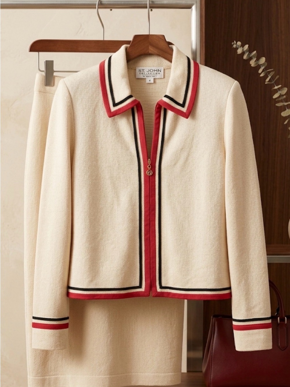 St. John Cream Knit Zip Jacket with Red and Black Trim